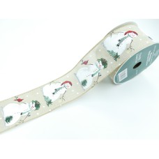 2.5 Inch Natural Wired Christmas Ribbon With Snowmen, 25 Feet Per Spool (Lot of 1 Spool) SALE ITEM